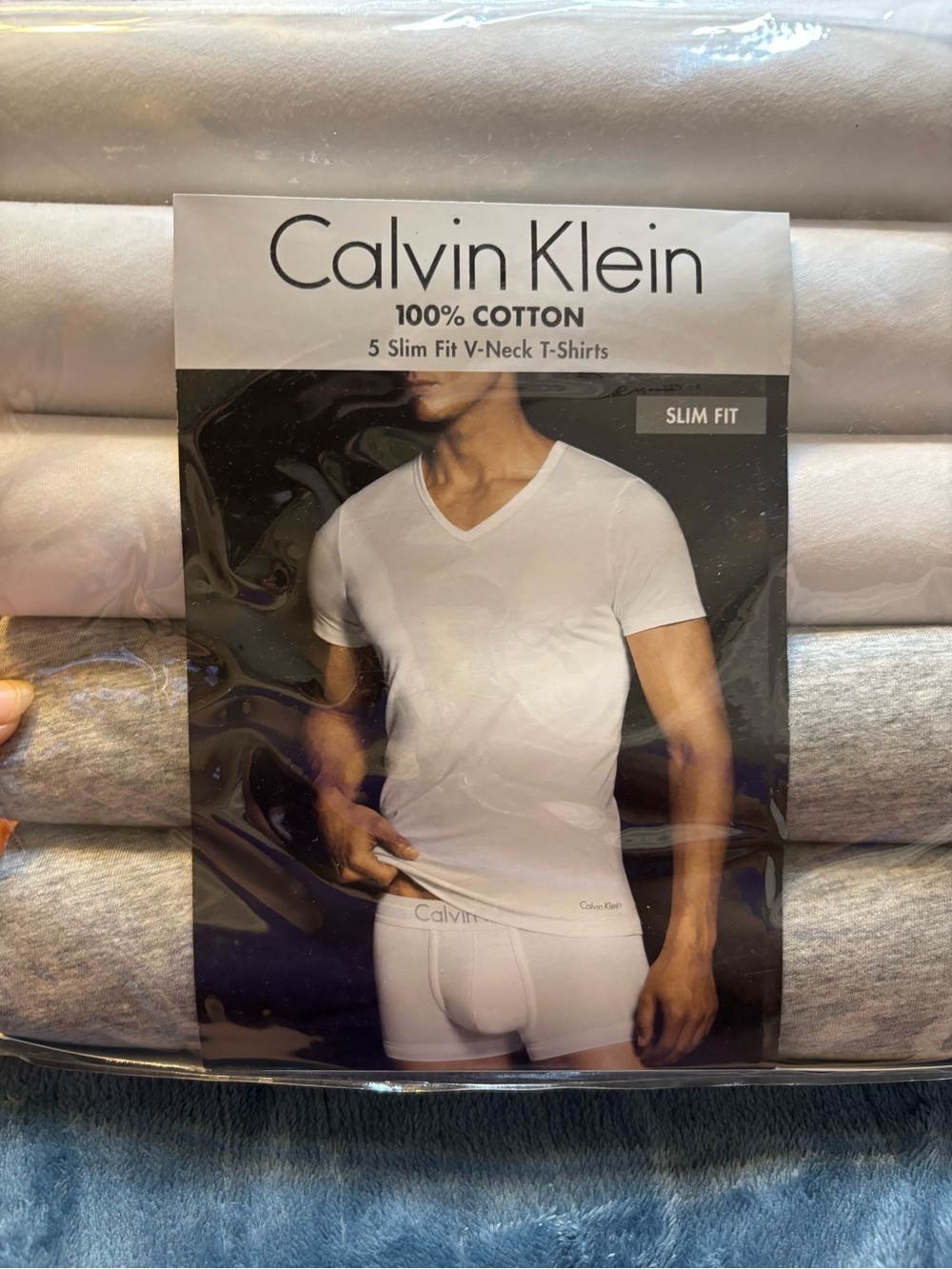 Calvin Klein White and Heather Gray Slim Fit V-Neck T-Shirts - 5 Pack